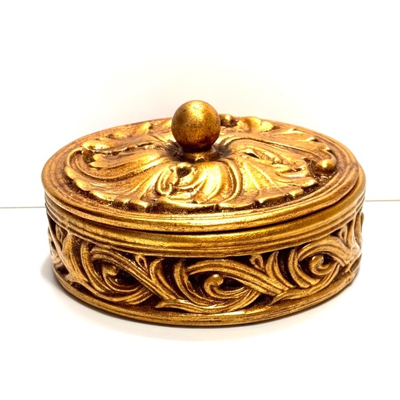 Rare Vtg Freeman & McFarlin Potteries Gold Round Covered Jewelry Trinket Box NEW - Picture 7 of 13